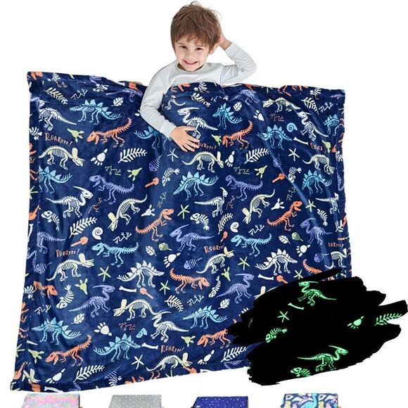 Bood Glow in The Dark Minky Fleece Dinosaur Kids Blanket - Picture 1 of 4